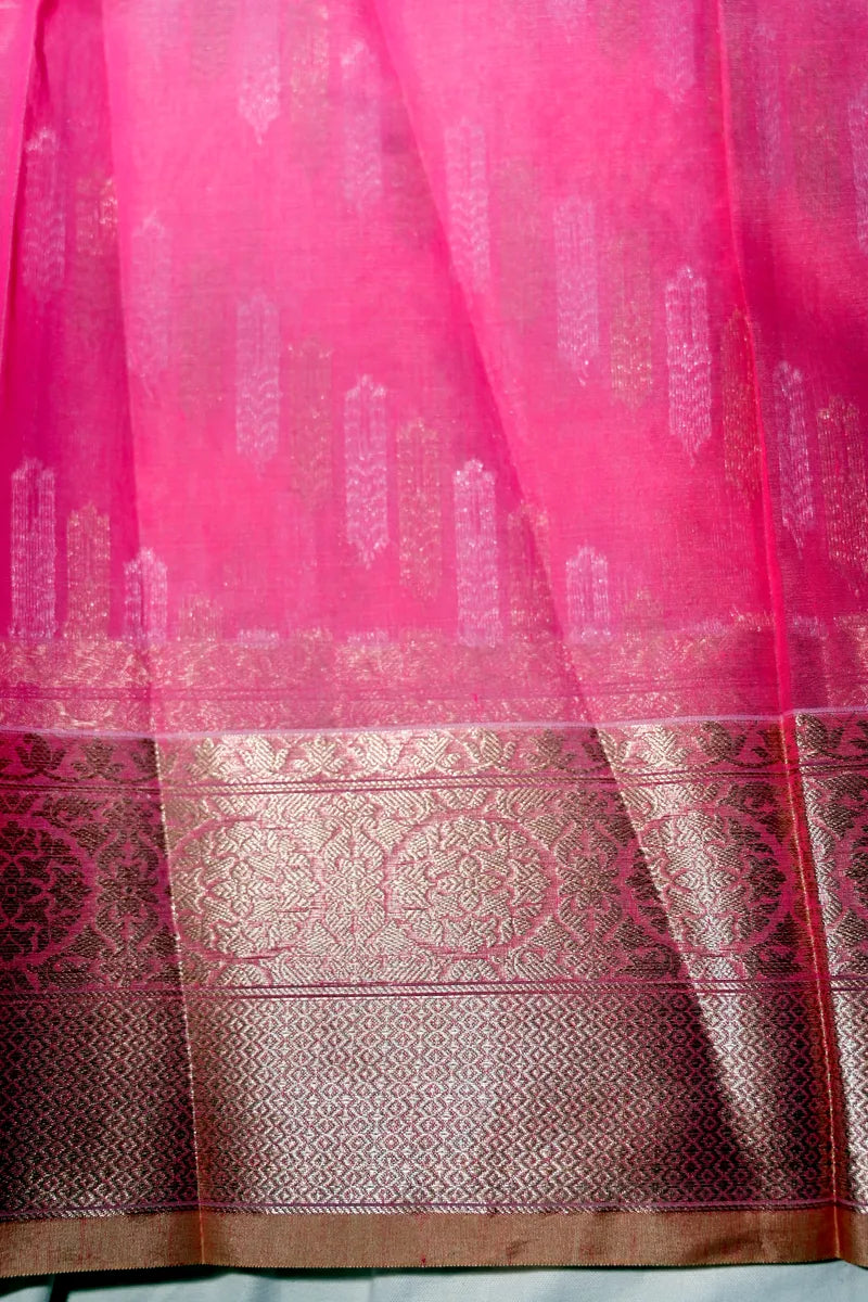 Rani Pink Handwoven Banarasi Cotton Saree with Antique Zari Border(RLSS-265)