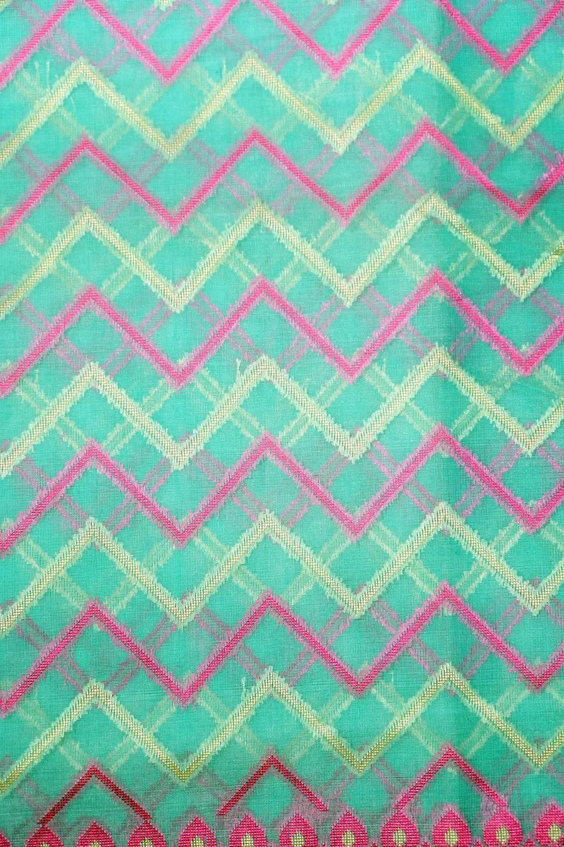Turquoise Green Handloom Cotton Saree featuring Gold & Pink Chevron Pattern with Contrast Border(RLSS-264)