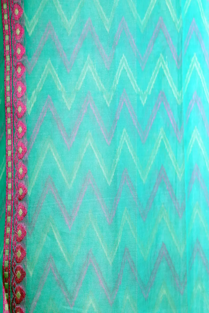 Turquoise Green Handloom Cotton Saree featuring Gold & Pink Chevron Pattern with Contrast Border(RLSS-264)