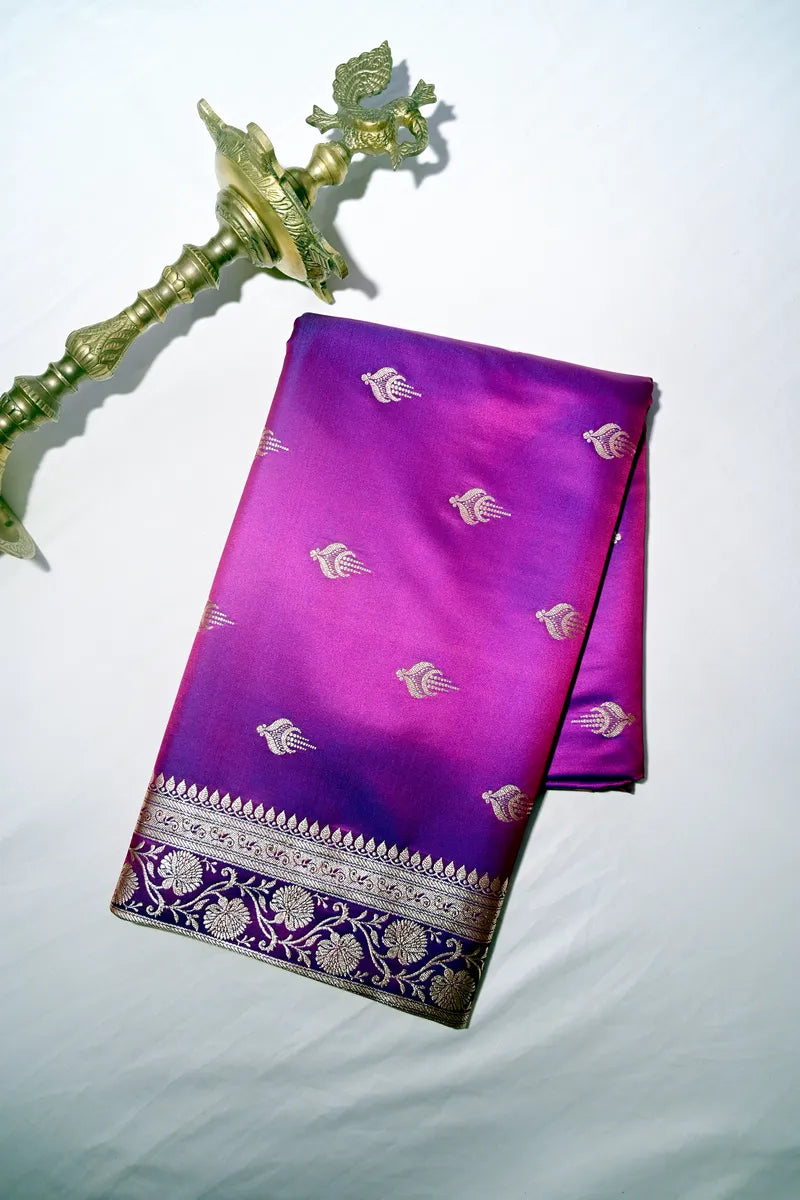 Dual-Tone Magenta & Purple Banarasi Silk Saree with Antique Gold Zari Floral Border (RLSS-284)