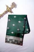 Emerald Bottle Green Banarasi Katan Silk Saree with Golden Zari Butis & Floral Border (RLSS-273)