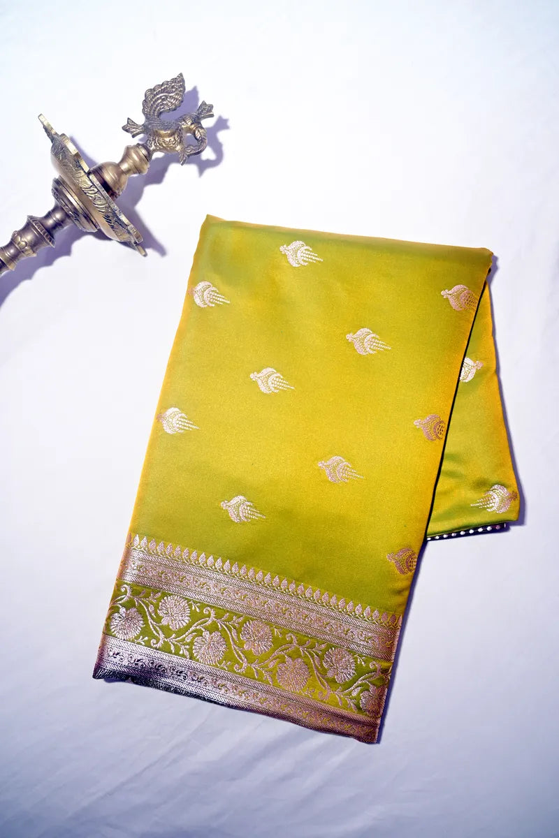Lime Olive Banarasi Katan Silk Saree with Golden Zari Butis & Floral Border(RLSS-272)