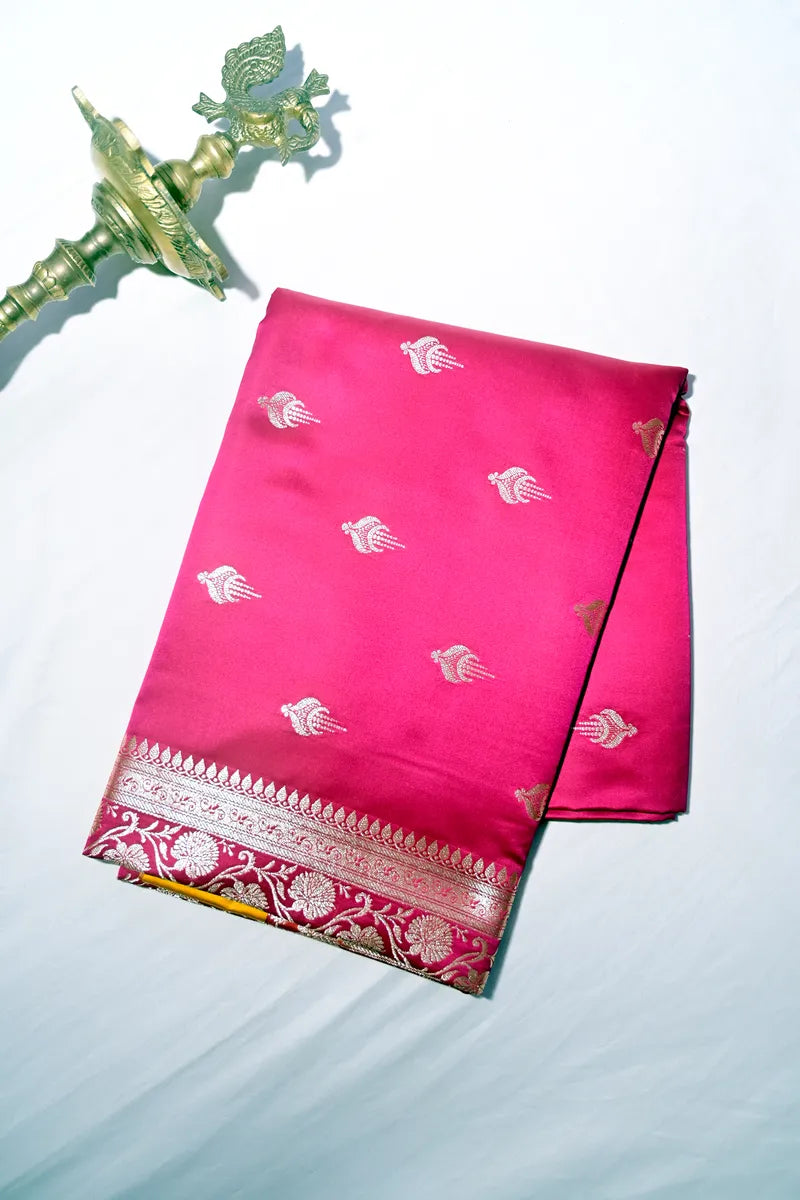 Rani Pink Banarasi Katan Silk Saree with Silver Zari Butis & Floral Border (RLSS-271)