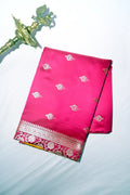Rani Pink Banarasi Katan Silk Saree with Silver Zari Butis & Floral Border (RLSS-271)