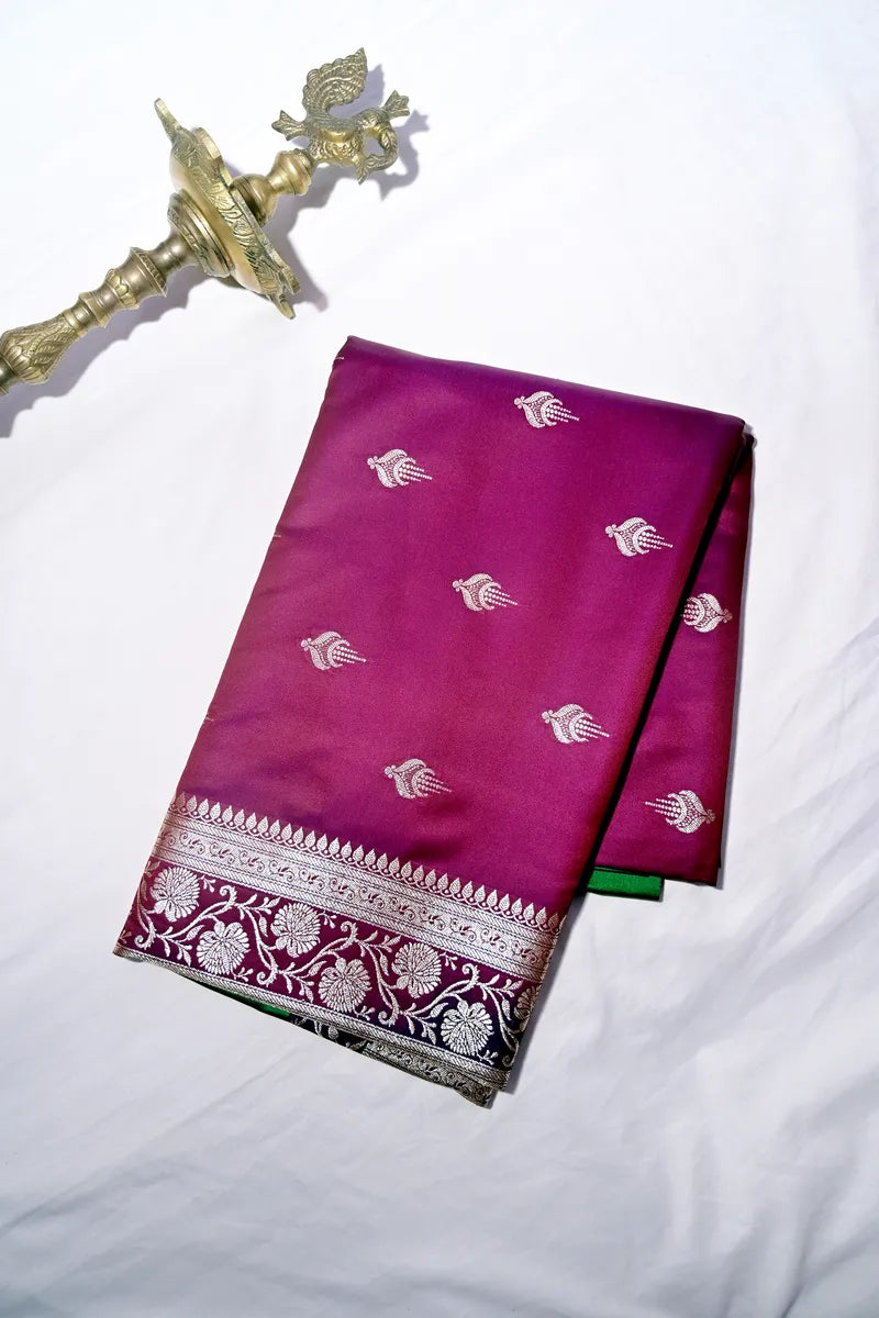 Wine Magenta Banarasi Katan Silk Saree with Silver Zari Butis & Floral Border (RLSS-270)