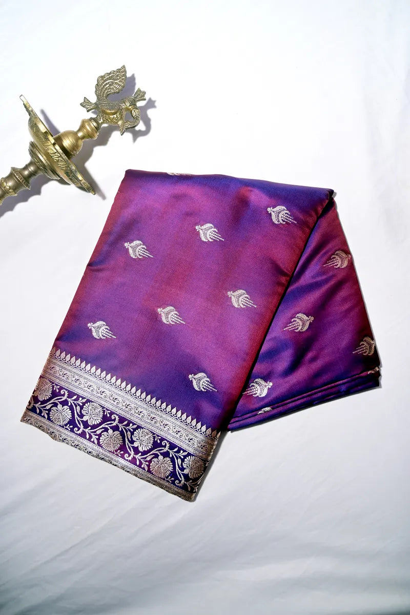 Royal Purple Dhoop-Chhaon Handloom Banarasi Kataan Silk Saree Featuring Silver Floral Border (RLSS-268)