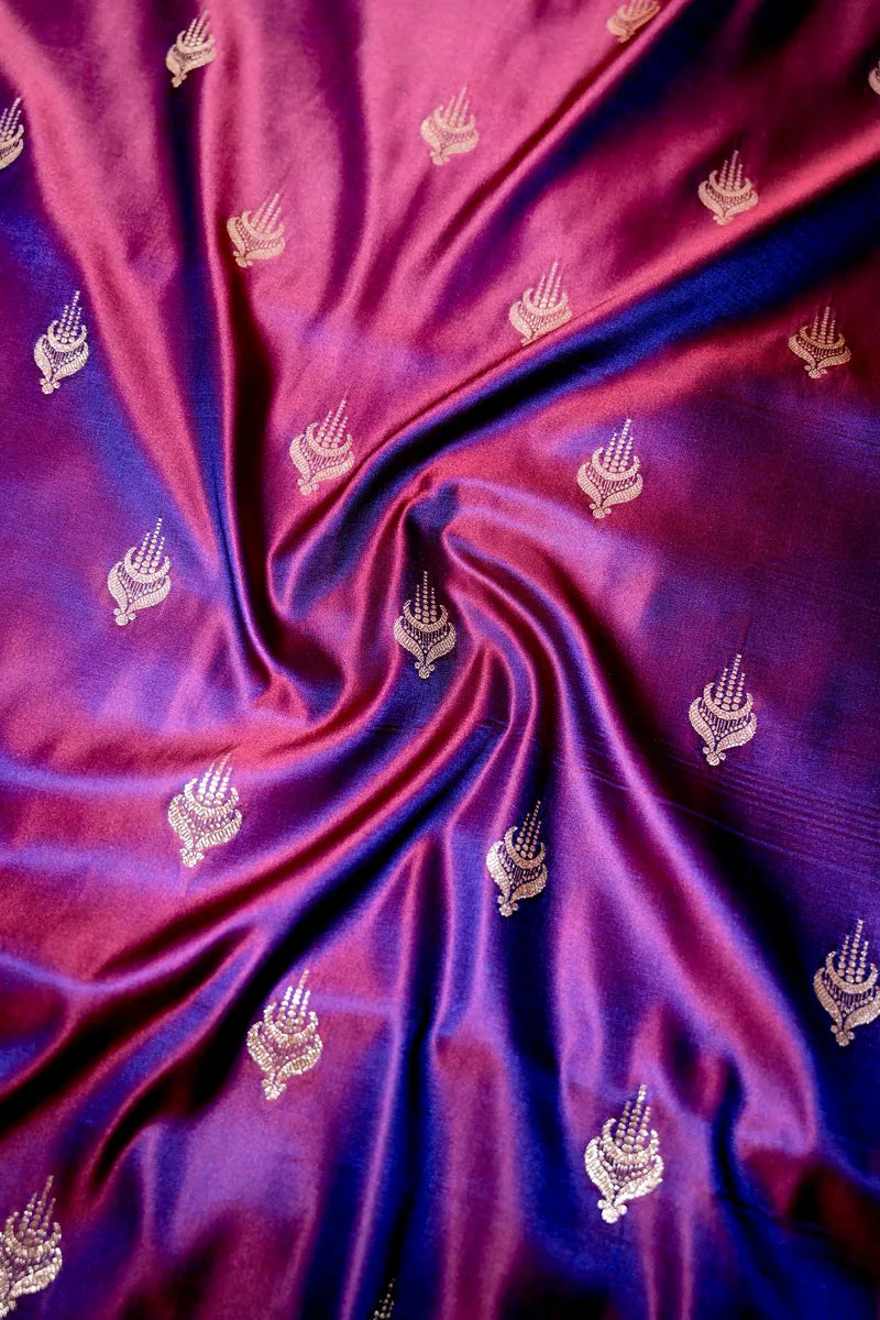 Royal Purple Dhoop-Chhaon Handloom Banarasi Kataan Silk Saree Featuring Silver Floral Border (RLSS-268)