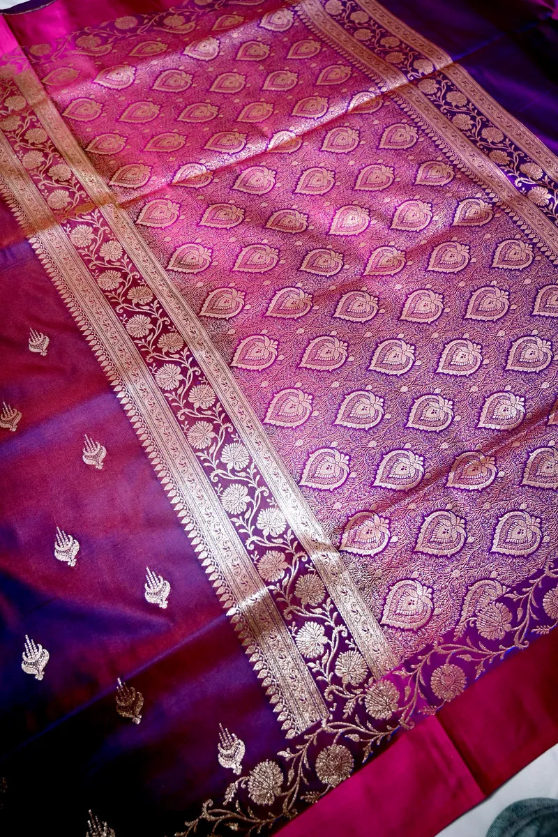 Royal Purple Dhoop-Chhaon Handloom Banarasi Kataan Silk Saree Featuring Silver Floral Border (RLSS-268)