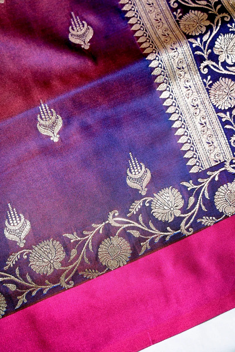 Royal Purple Dhoop-Chhaon Handloom Banarasi Kataan Silk Saree Featuring Silver Floral Border (RLSS-268)