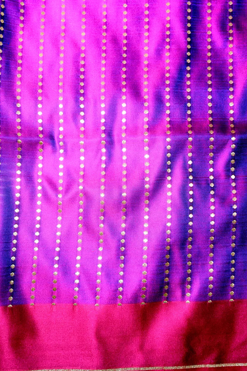 Royal Purple Dhoop-Chhaon Handloom Banarasi Kataan Silk Saree Featuring Silver Floral Border (RLSS-268)