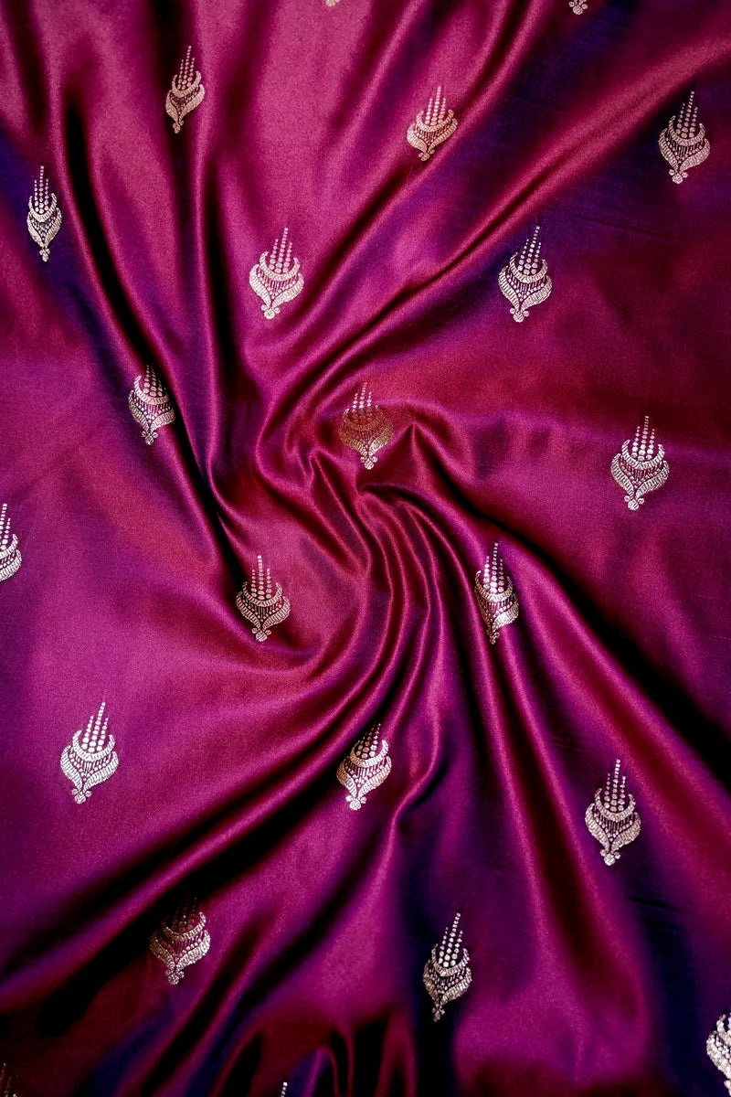 Wine Magenta Banarasi Katan Silk Saree with Silver Zari Butis & Floral Border (RLSS-270)