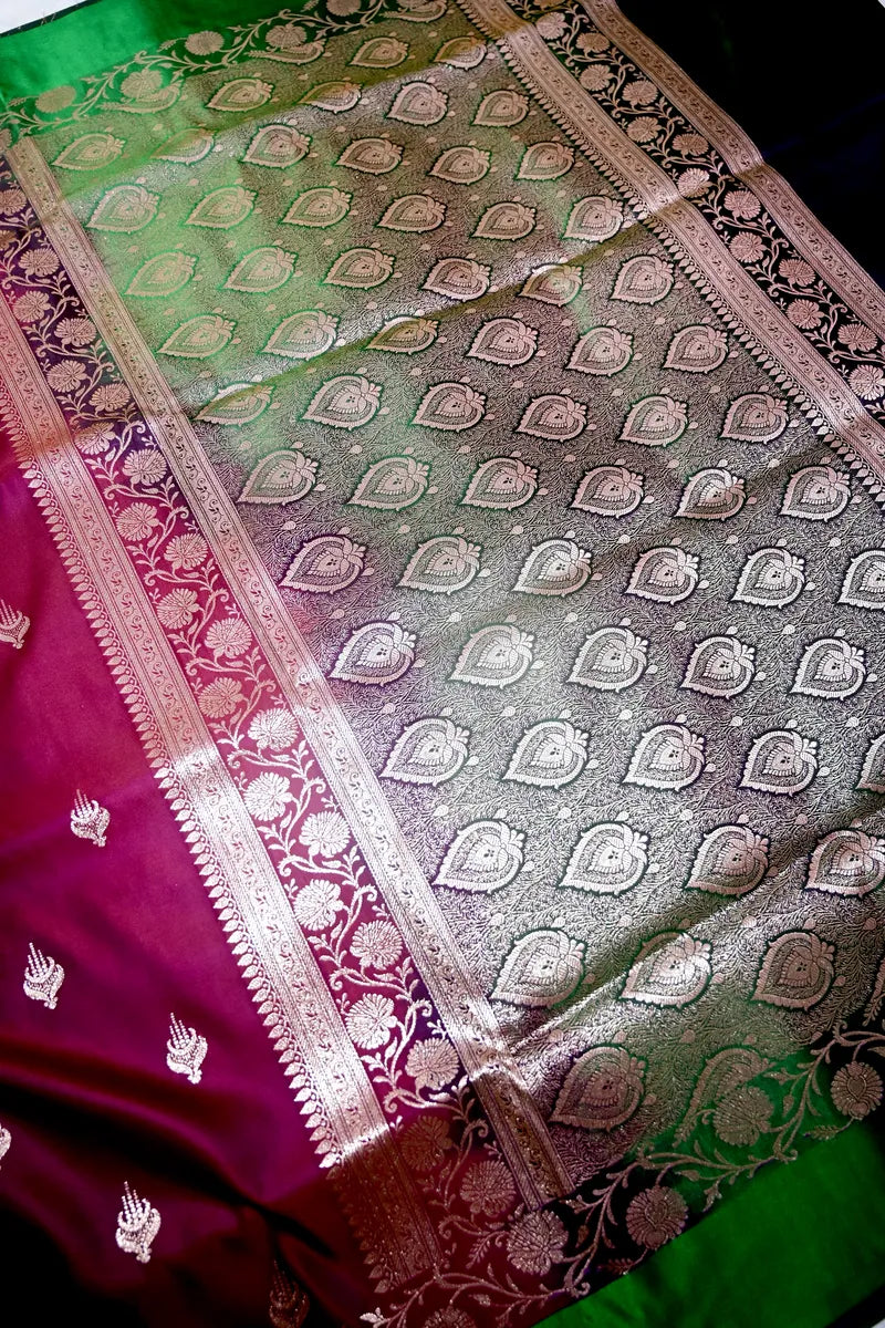 Wine Magenta Banarasi Katan Silk Saree with Silver Zari Butis & Floral Border (RLSS-270)