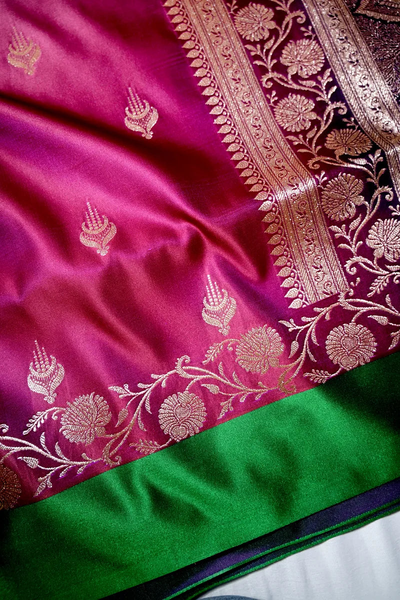 Wine Magenta Banarasi Katan Silk Saree with Silver Zari Butis & Floral Border (RLSS-270)