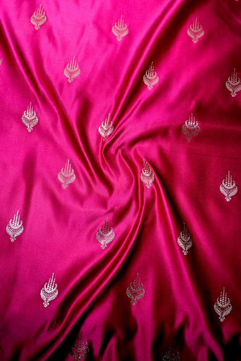 Rani Pink Banarasi Katan Silk Saree with Silver Zari Butis & Floral Border (RLSS-271)