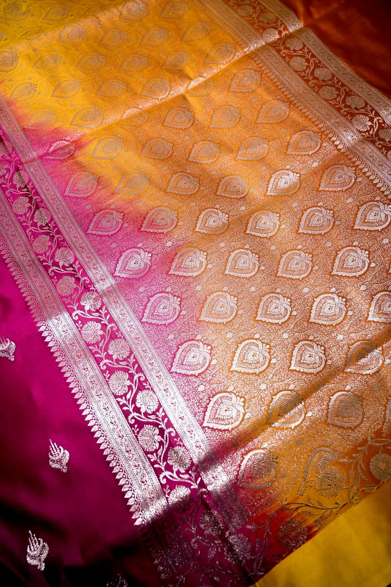 Rani Pink Banarasi Katan Silk Saree with Silver Zari Butis & Floral Border (RLSS-271)