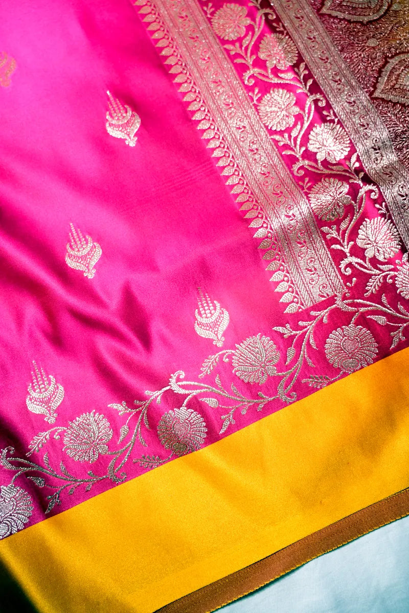 Rani Pink Banarasi Katan Silk Saree with Silver Zari Butis & Floral Border (RLSS-271)
