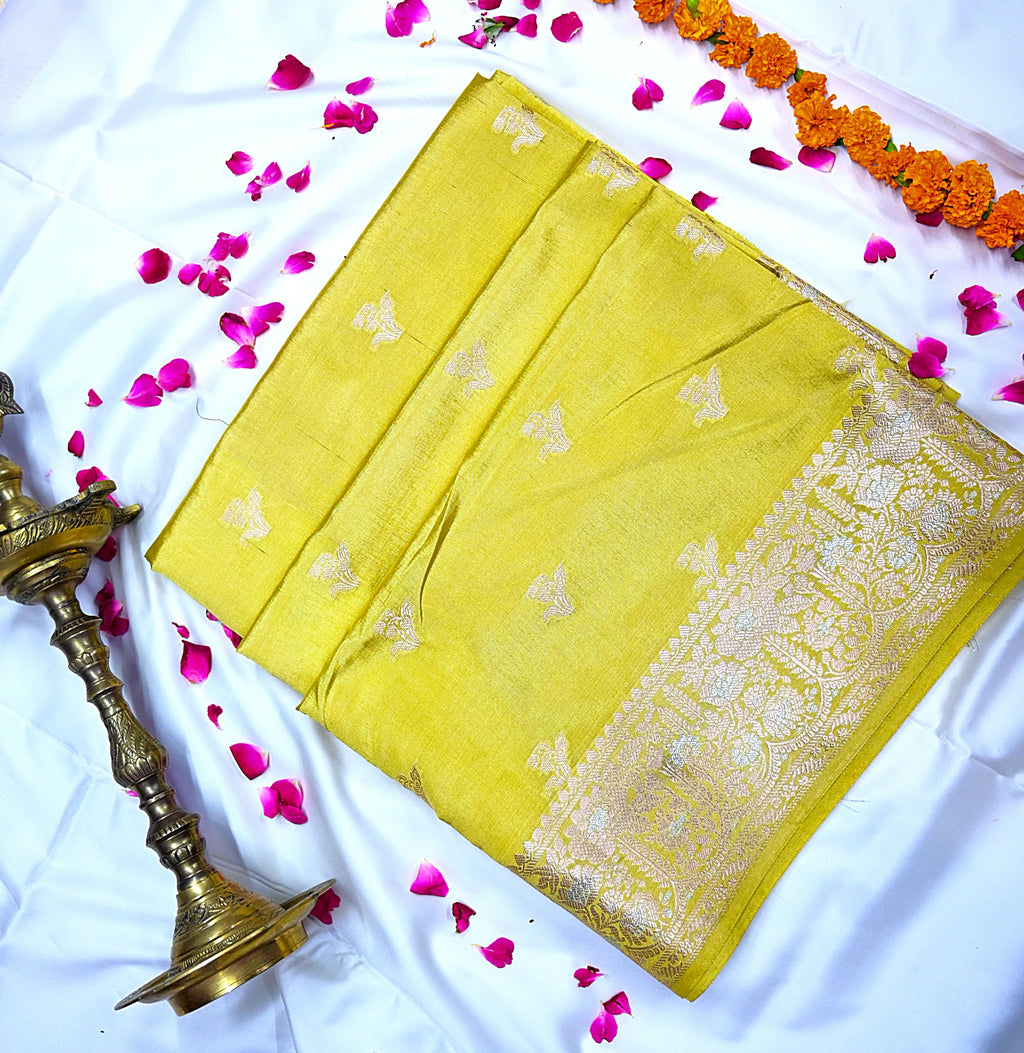 Olive Green Banarasi Silk Saree with Silver Zari Floral Bootis & Intricate Border(RLSS-232)