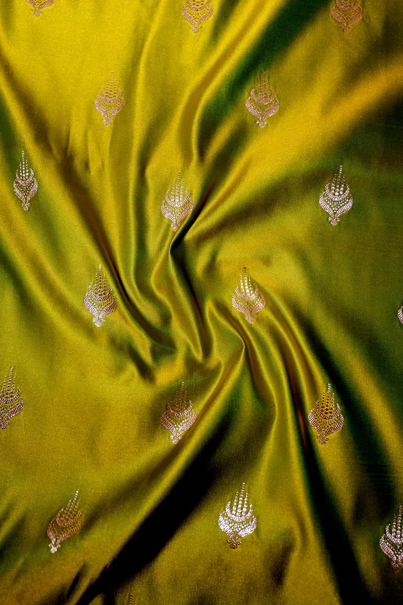 Lime Olive Banarasi Katan Silk Saree with Golden Zari Butis & Floral Border(RLSS-272)