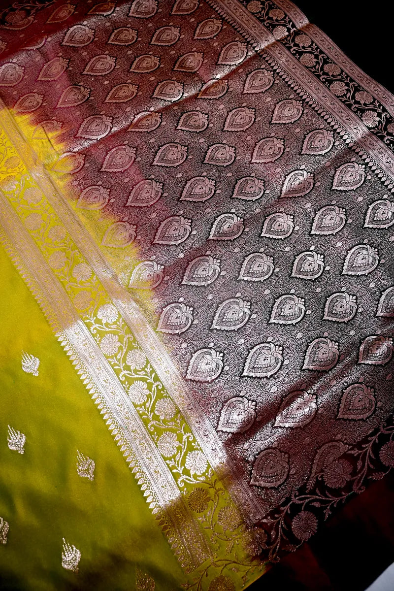 Lime Olive Banarasi Katan Silk Saree with Golden Zari Butis & Floral Border(RLSS-272)