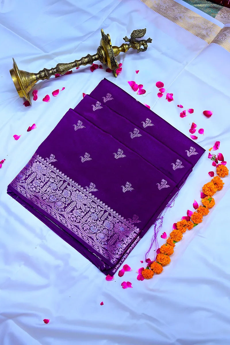 Deep Violet Banarasi Silk Saree with Silver Zari Floral Bootis & Tapestry Border(RLSS-239)