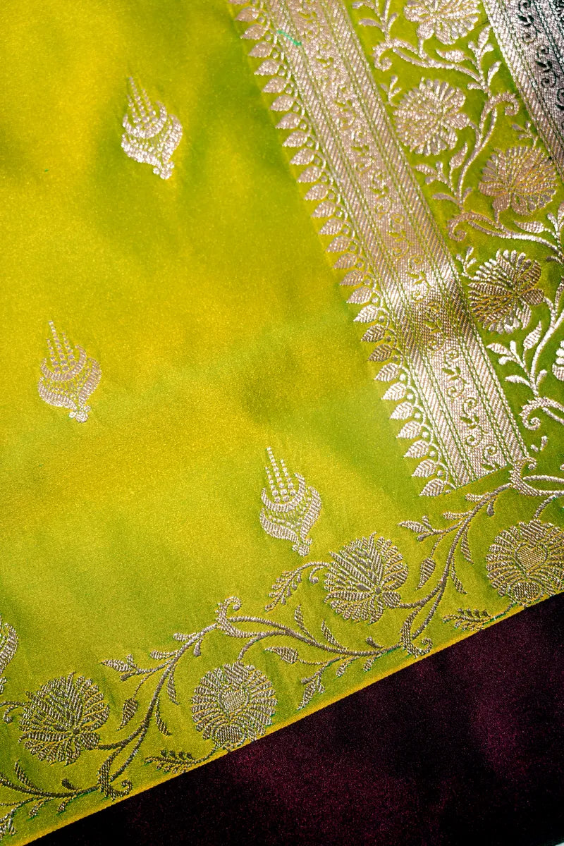 Lime Olive Banarasi Katan Silk Saree with Golden Zari Butis & Floral Border(RLSS-272)
