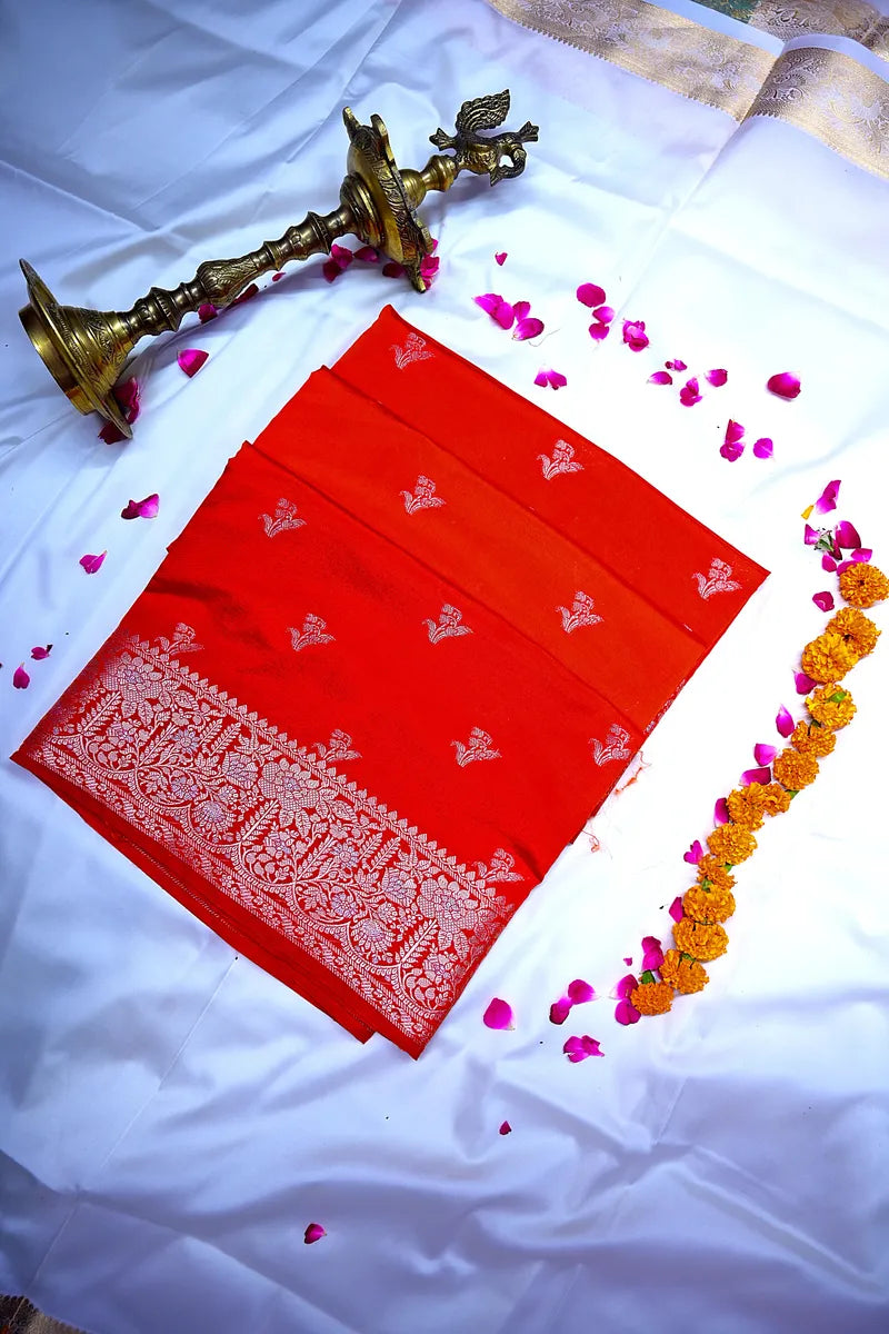 Crimson Red Banarasi Silk Saree with Silver Zari Floral Bootis & Tapestry Border(RLSS-240)