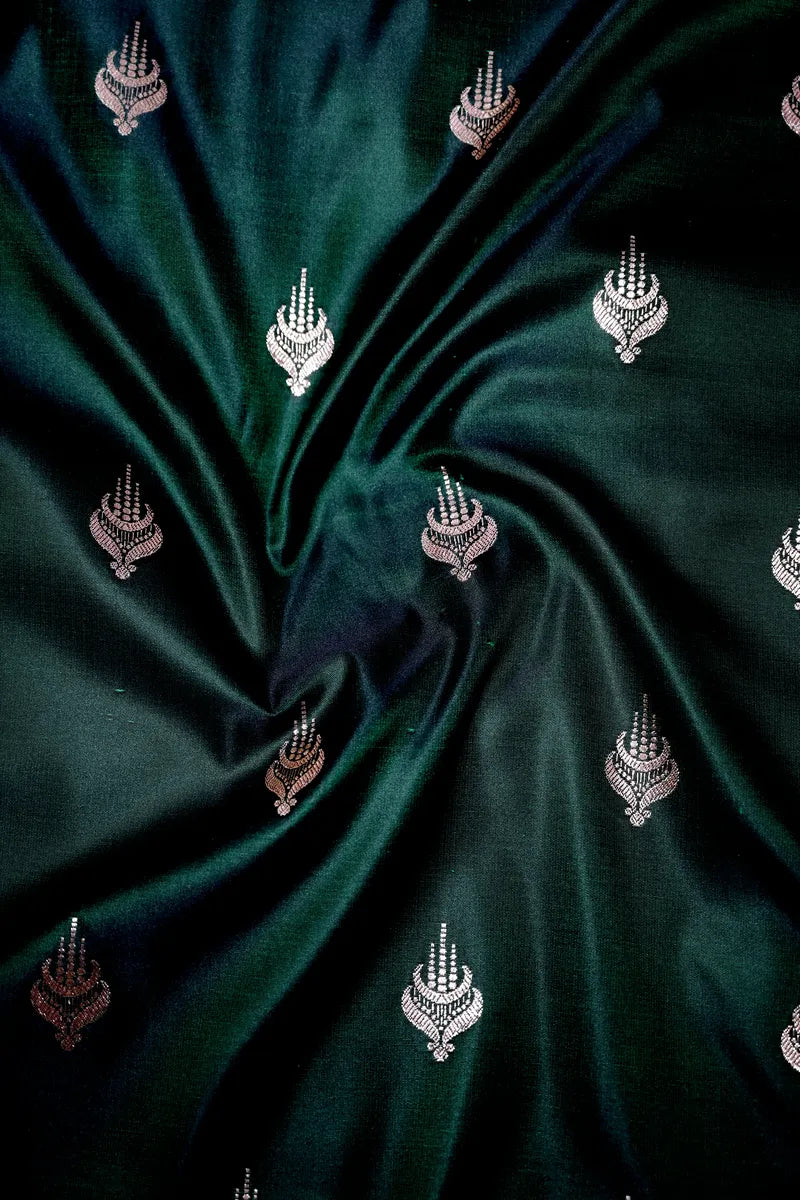 Emerald Bottle Green Banarasi Katan Silk Saree with Golden Zari Butis & Floral Border (RLSS-273)