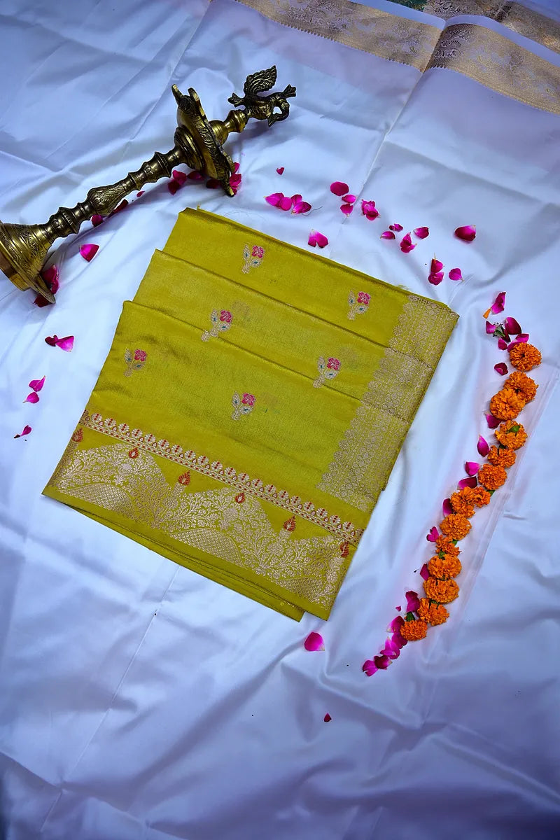 Mustard Yellow Banarasi Silk Saree with Floral Meenakari Bootis & Silver Zari Border(RLSS-233)
