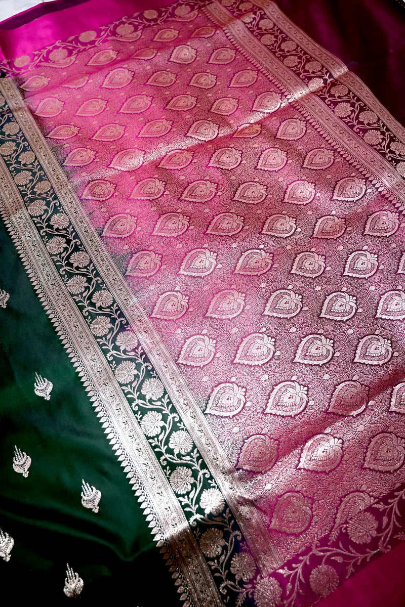 Emerald Bottle Green Banarasi Katan Silk Saree with Golden Zari Butis & Floral Border (RLSS-273)