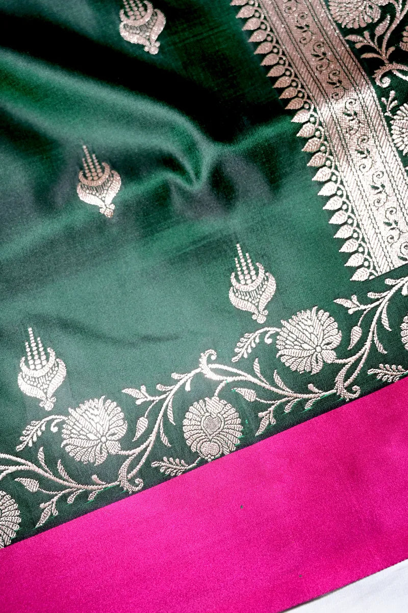 Emerald Bottle Green Banarasi Katan Silk Saree with Golden Zari Butis & Floral Border (RLSS-273)