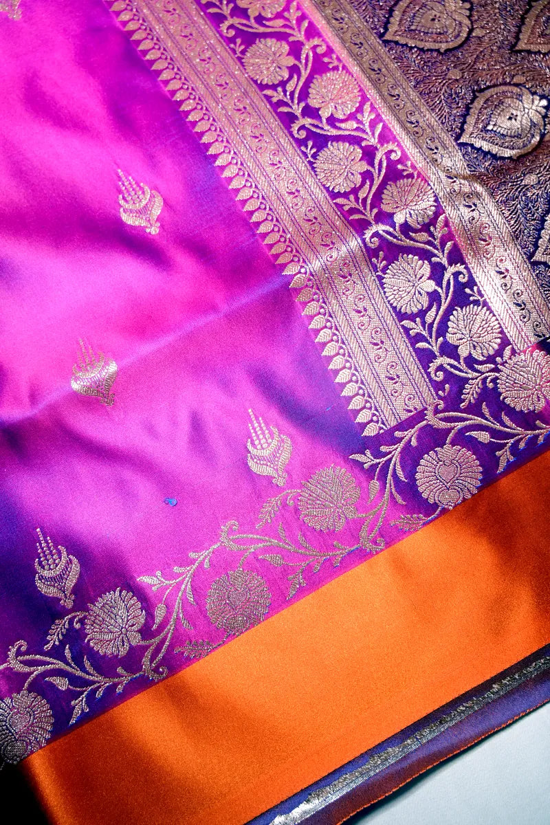Dual-Tone Magenta & Purple Banarasi Silk Saree with Antique Gold Zari Floral Border (RLSS-284)
