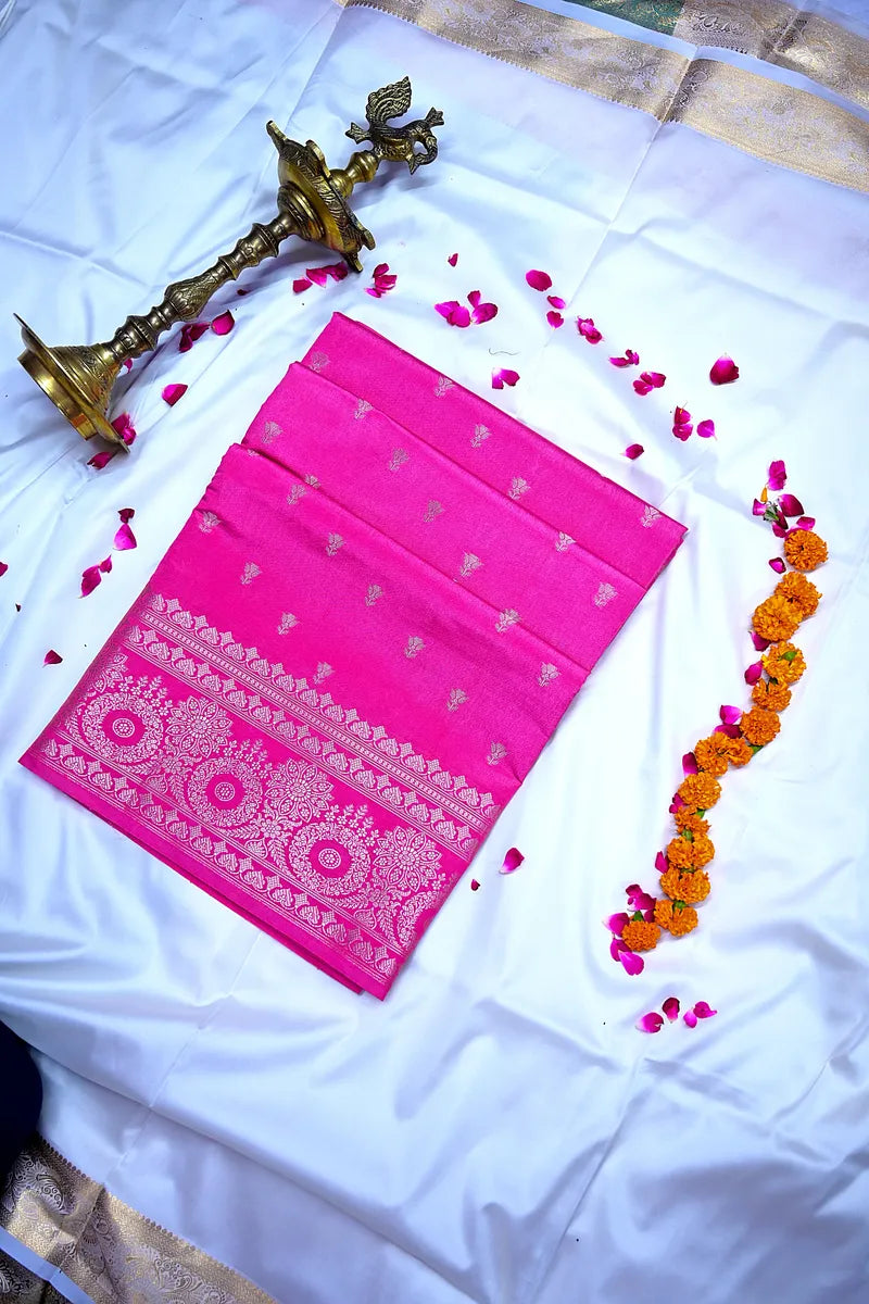 Hot Pink Banarasi Silk Saree with Silver Zari Floral Bootis & Mandala Border(RLSS-241)