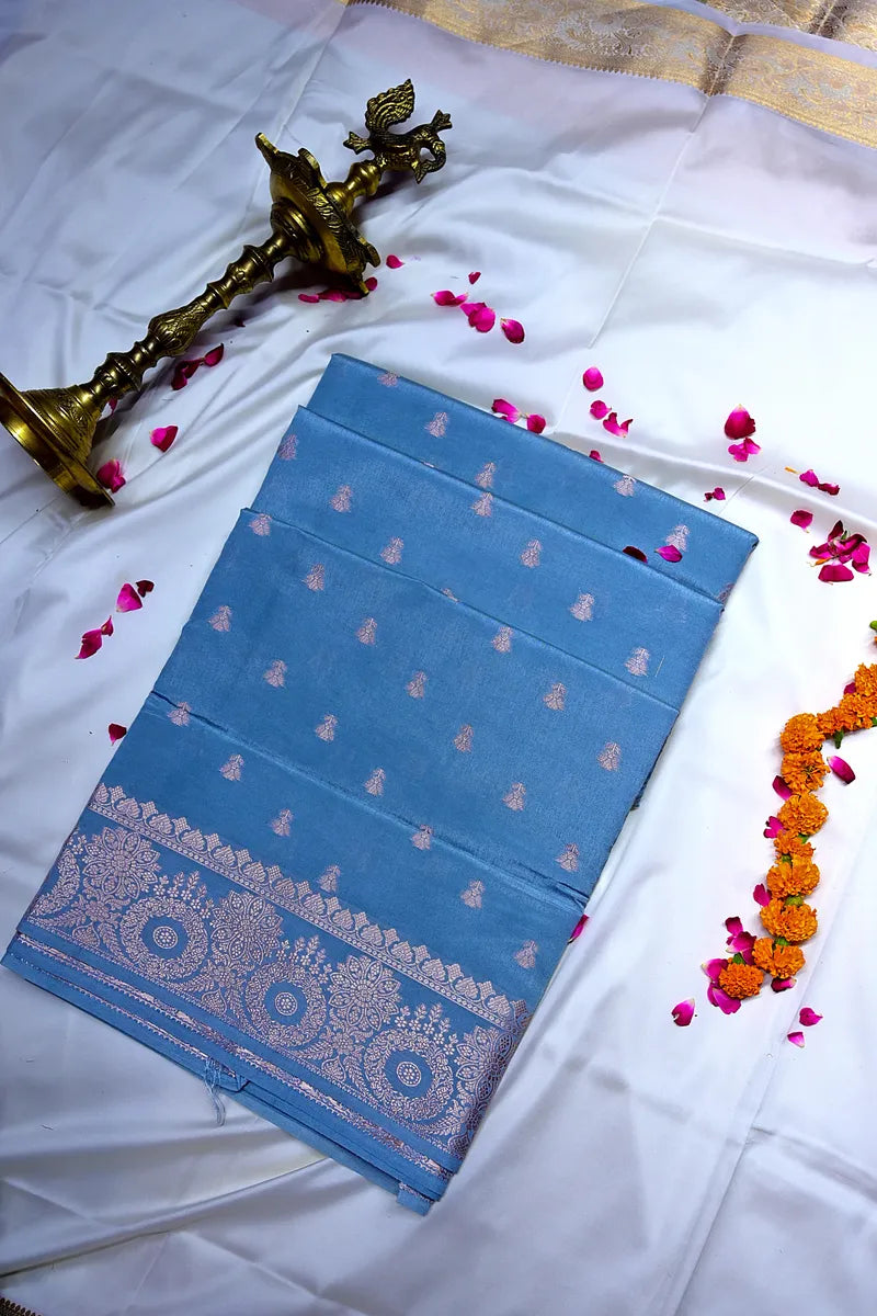 Powder Blue Banarasi Silk Saree with Silver Zari Floral Bootis & Mandala Border(RLSS-238)
