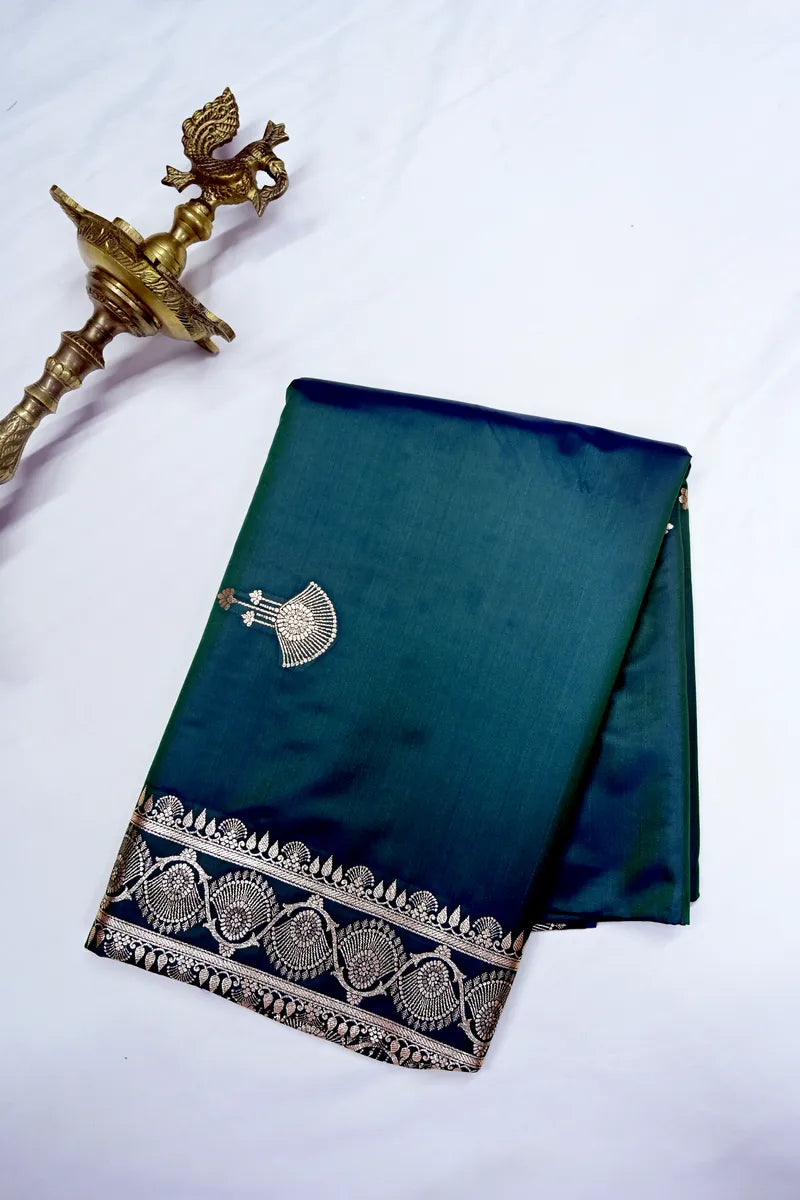 Peacock Teal Green Banarasi  Silk Saree with Antique Golden Motif Border (RLSS-280)