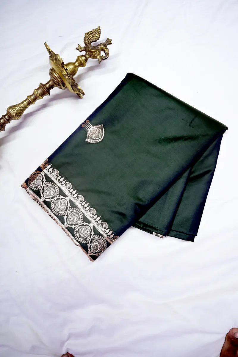 Bottle Green Banarasi Silk Saree with Antique Golden Motif Border (RLSS-279)