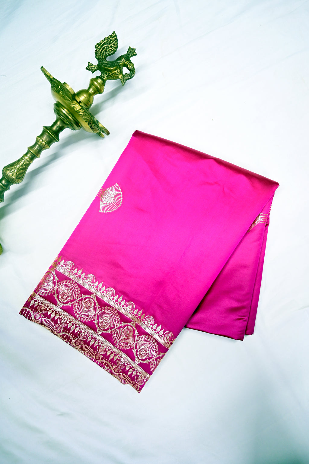 Rani Pink Banarasi Silk Saree with Antique Golden Motif Border (RLSS-278)