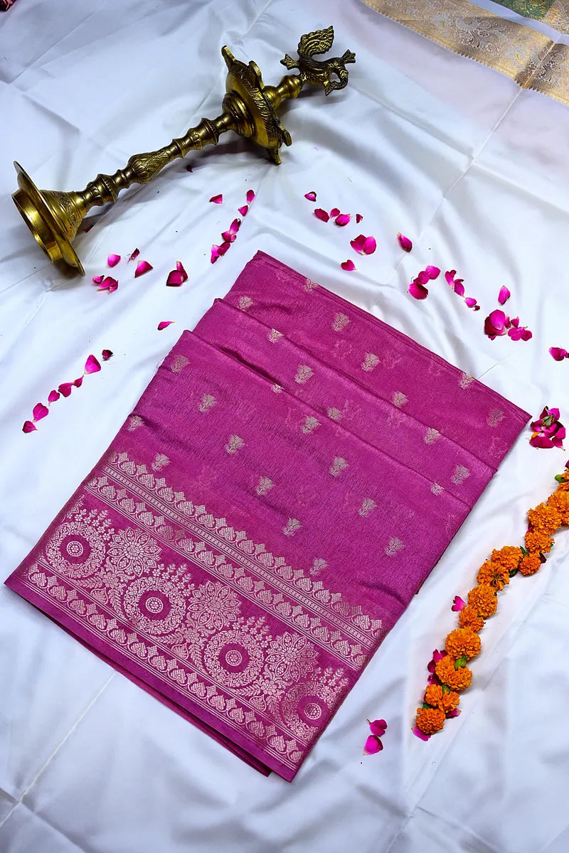 Rani Pink Banarasi Silk Saree with Silver Zari Floral Bootis & Mandala Border(RLSS-237)