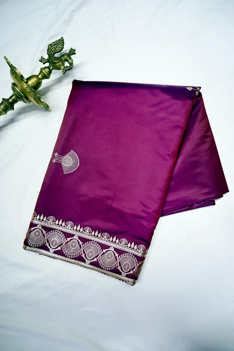 Deep Wine Purple Banarasi Kataan Silk Saree with Antique Golden Motif Border (RLSS-275)