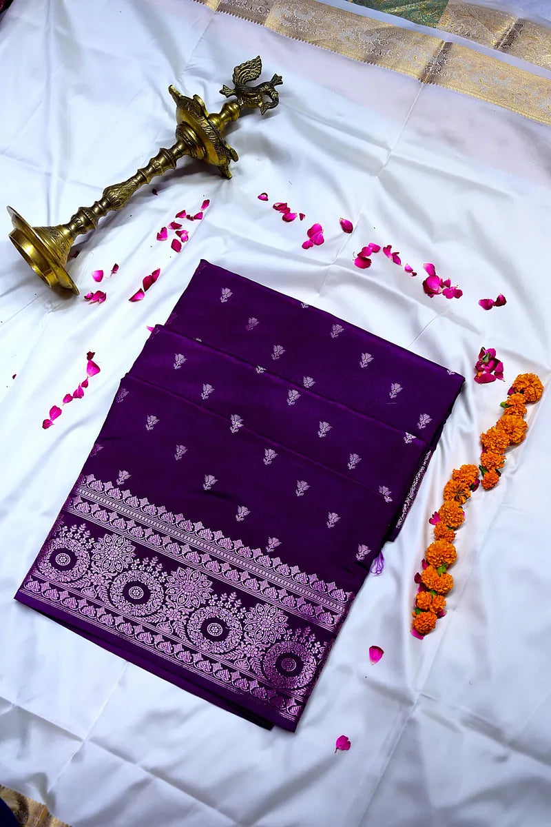 Deep Violet Banarasi Silk Saree with Silver Zari Floral Bootis & Mandala Border(RLSS-236)