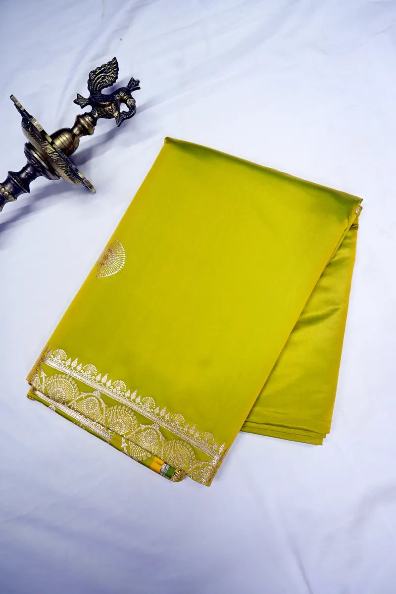 Lime Yellow Banarasi Soft Kataan Silk Saree with Antique Gold Fan-Motif Border (RLSS-274)