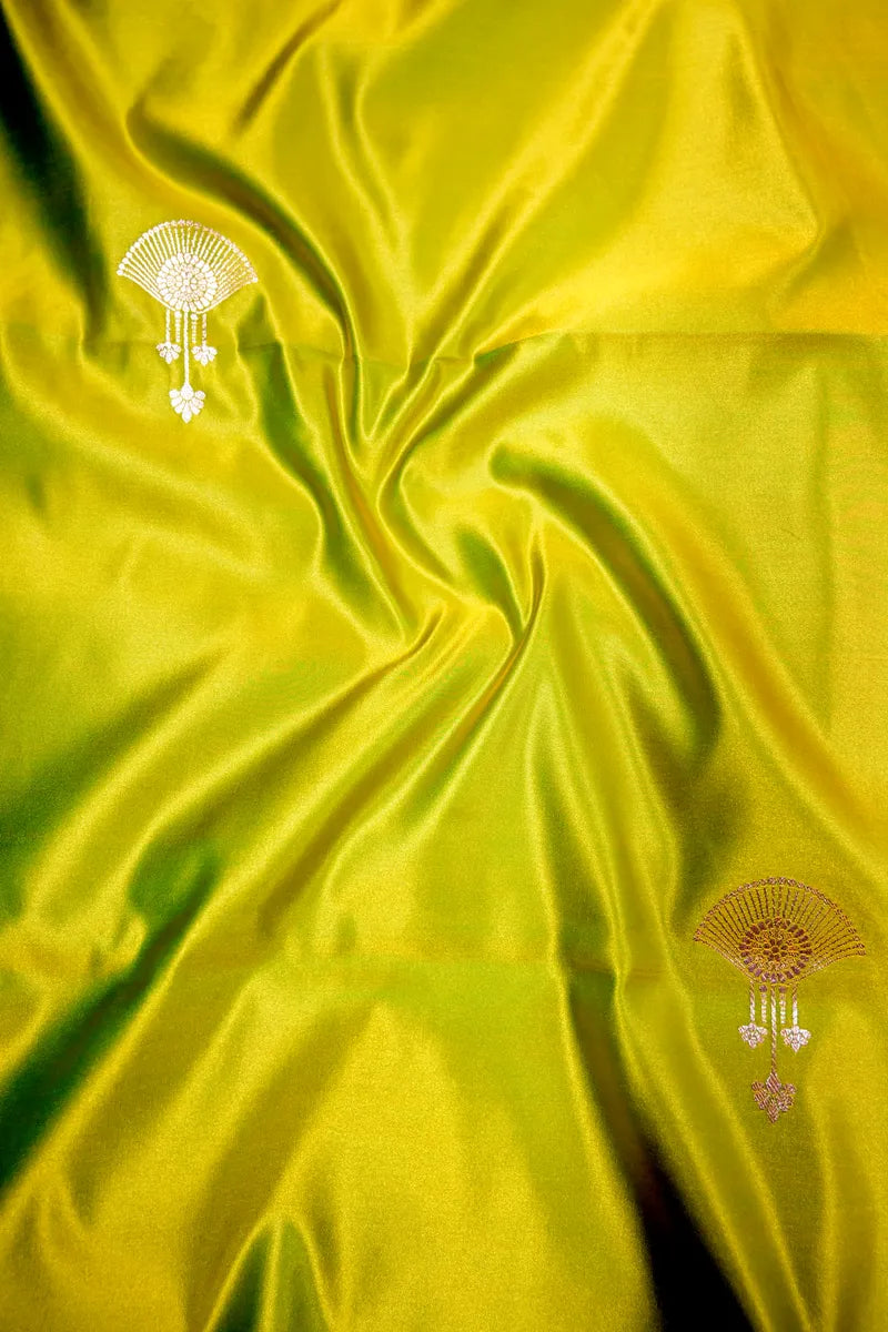 Lime Yellow Banarasi Soft Kataan Silk Saree with Antique Gold Fan-Motif Border (RLSS-274)