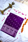 Deep Purple Banarasi Silk Saree with Silver Zari Floral Bootis & Mandala Border(RLSS-235)