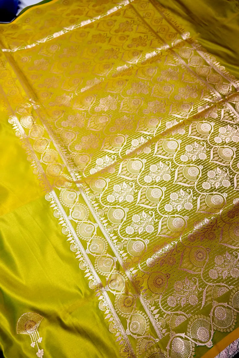 Lime Yellow Banarasi Soft Kataan Silk Saree with Antique Gold Fan-Motif Border (RLSS-274)