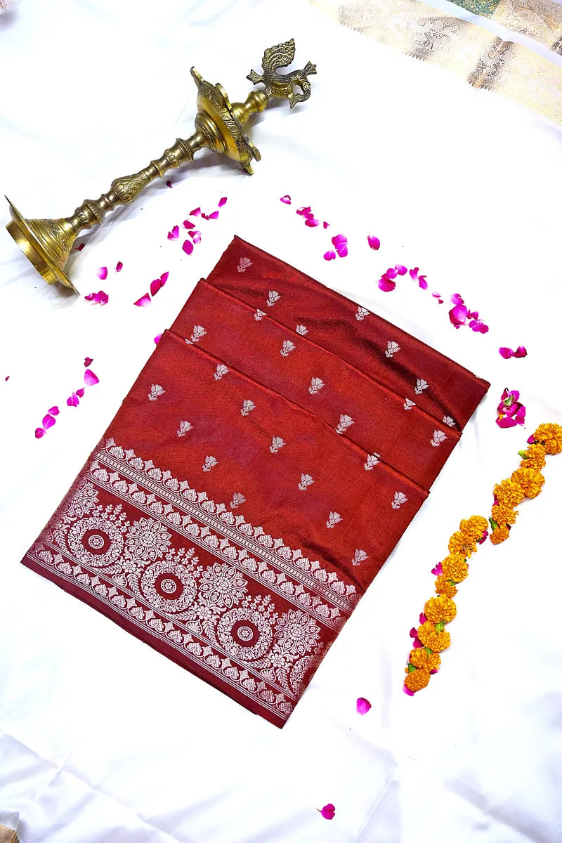 Crimson Red Banarasi Silk Saree with Silver Zari Floral Bootis & Mandala Border(RLSS-234)