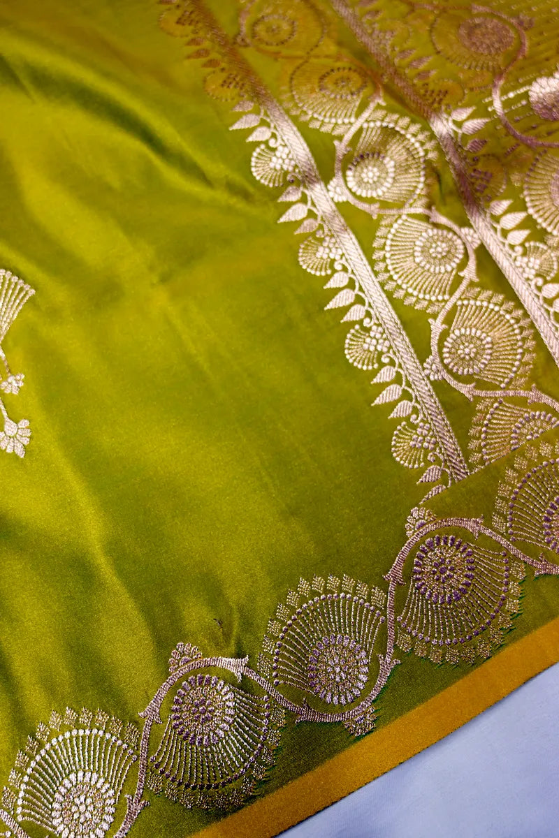 Lime Yellow Banarasi Soft Kataan Silk Saree with Antique Gold Fan-Motif Border (RLSS-274)