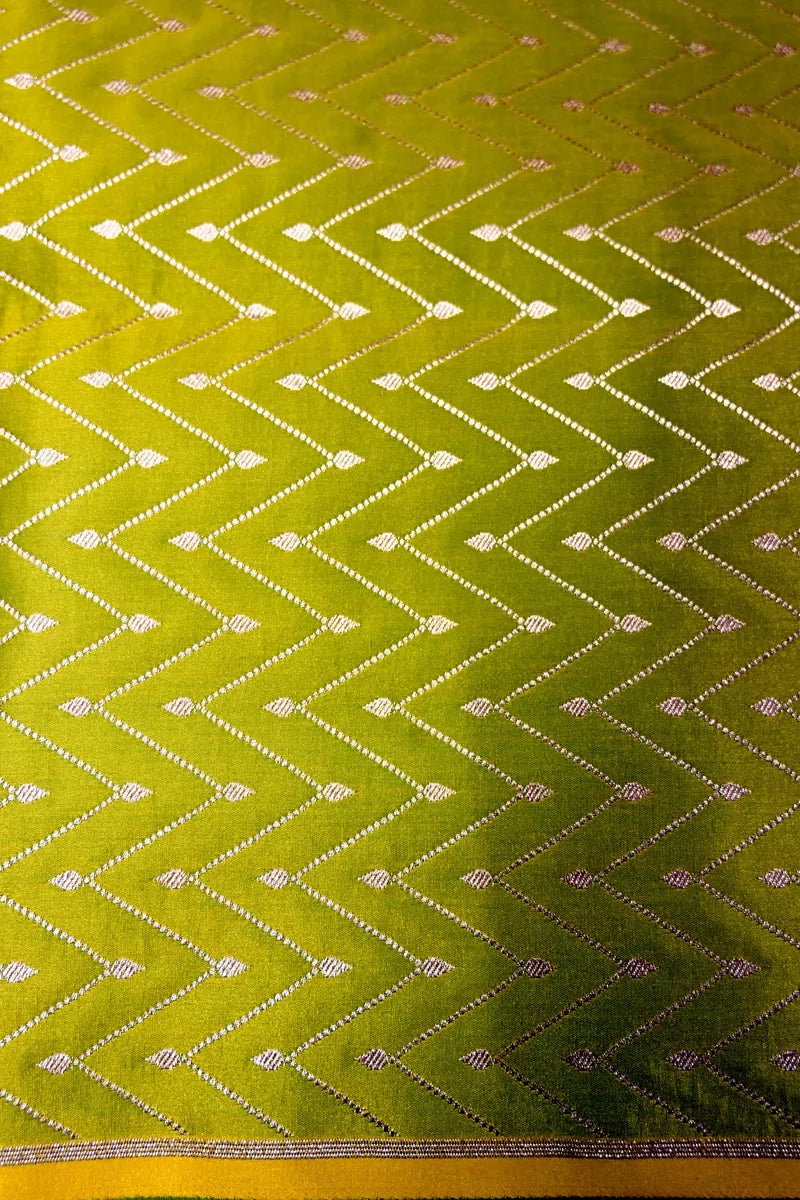 Lime Yellow Banarasi Soft Kataan Silk Saree with Antique Gold Fan-Motif Border (RLSS-274)