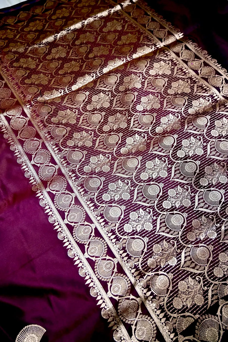 Deep Wine Purple Banarasi Kataan Silk Saree with Antique Golden Motif Border (RLSS-275)