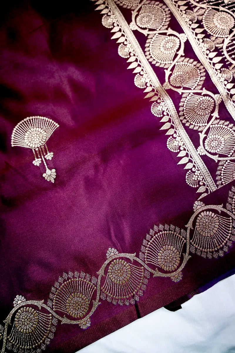 Deep Wine Purple Banarasi Kataan Silk Saree with Antique Golden Motif Border (RLSS-275)