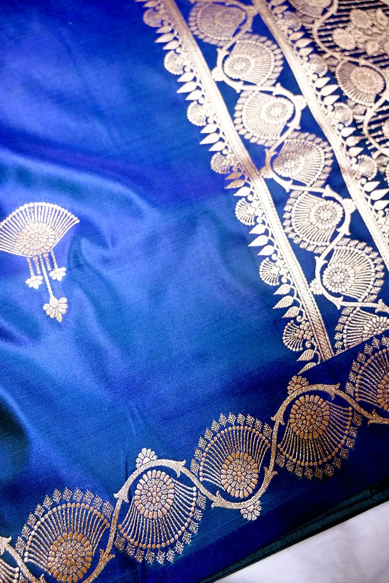Royal Blue Banarasi Soft Kataan Silk Saree with Antique Golden Motif Border (RLSS-276)