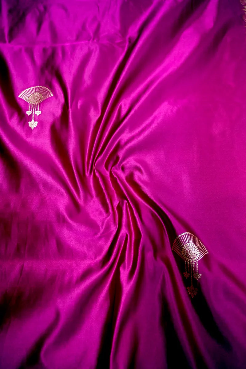 Rani Pink Banarasi Silk Saree with Antique Golden Motif Border (RLSS-278)